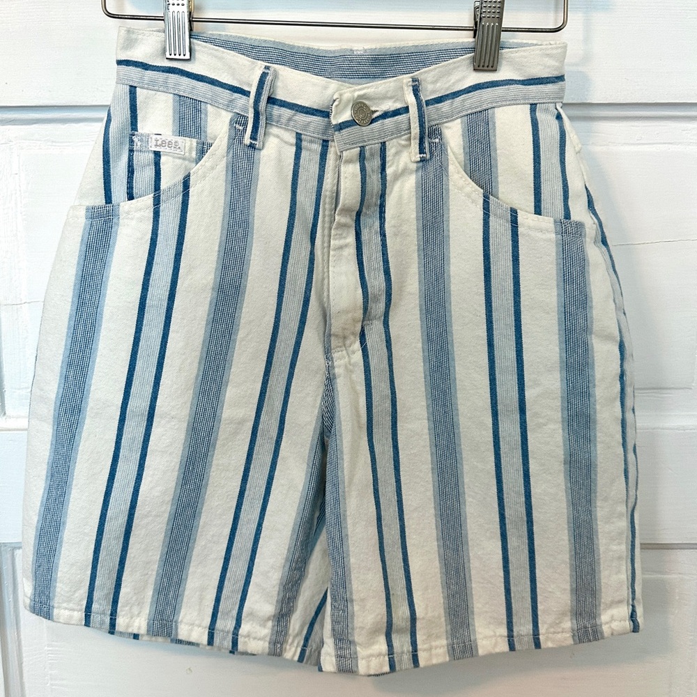 Vintage 90s Lee Striped Denim Shorts in Blue and Cream